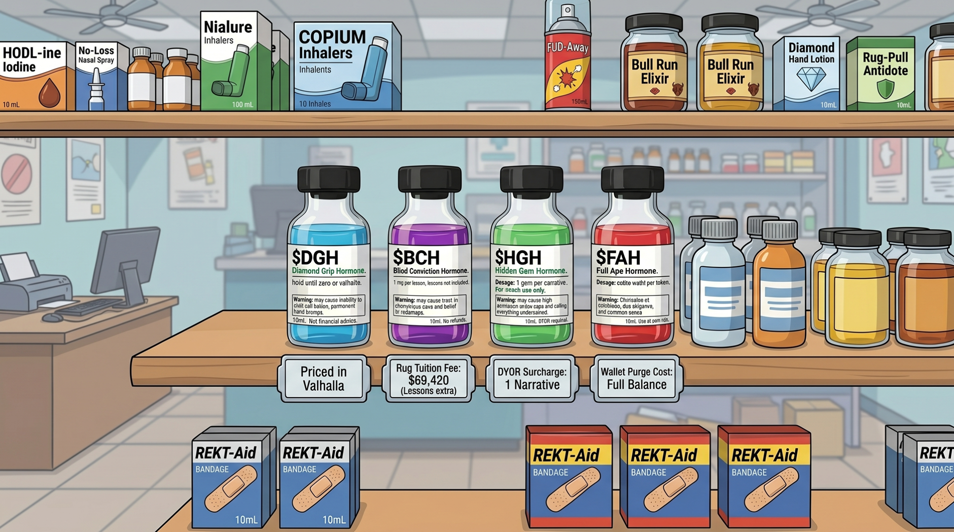 Meme pharmacy shelf with hormone bottles